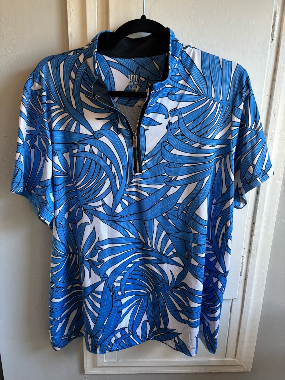 Tail Blue and White Short Sleeve Zip Polo with Leaf Print